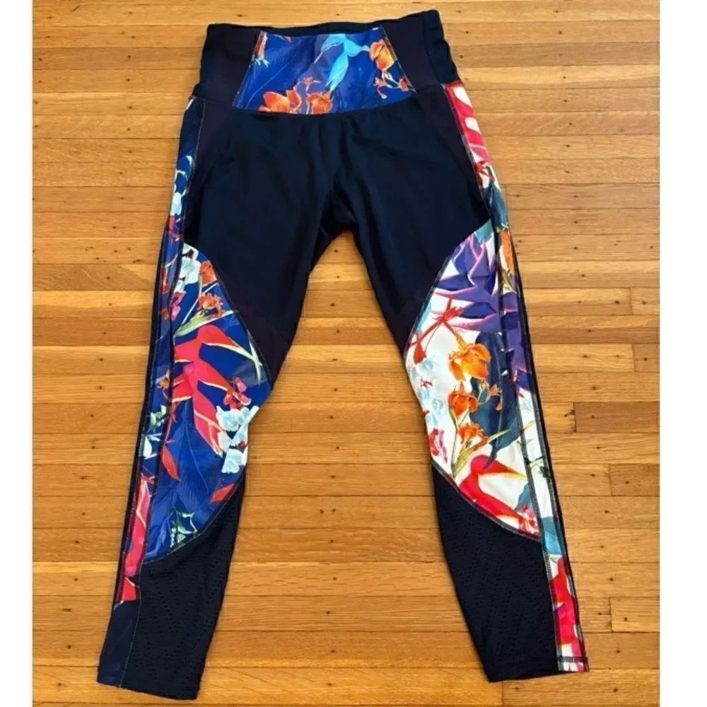 Athleta High Rise Hawaii Tropical Precision Ankle Tight navy athletic leggings